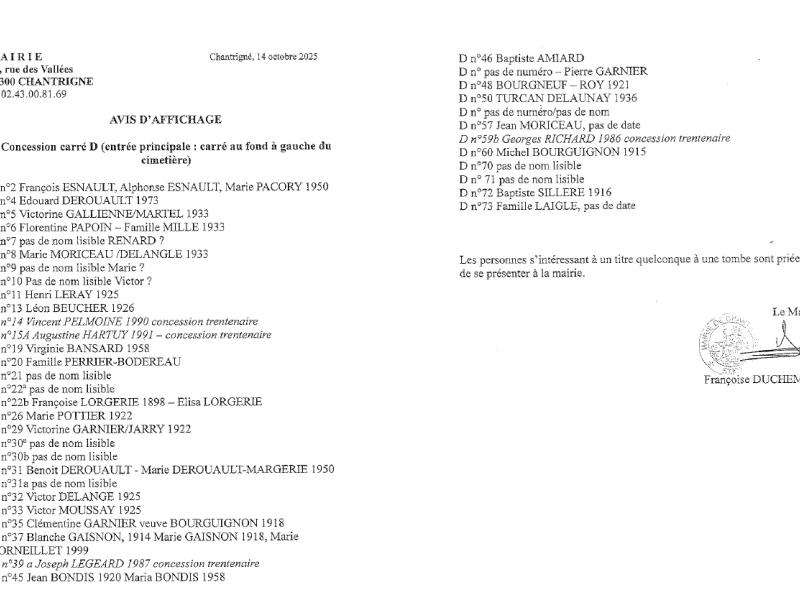 cimetière - avis d'affichage